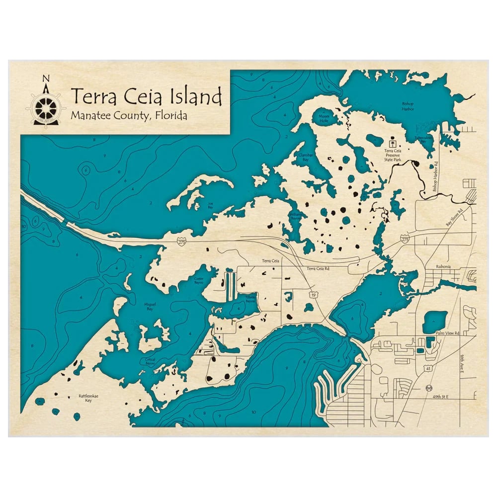 Detailed map of Terra Ceia Island in Manatee County, Florida, showing waterways in teal and land areas in beige with street grid.